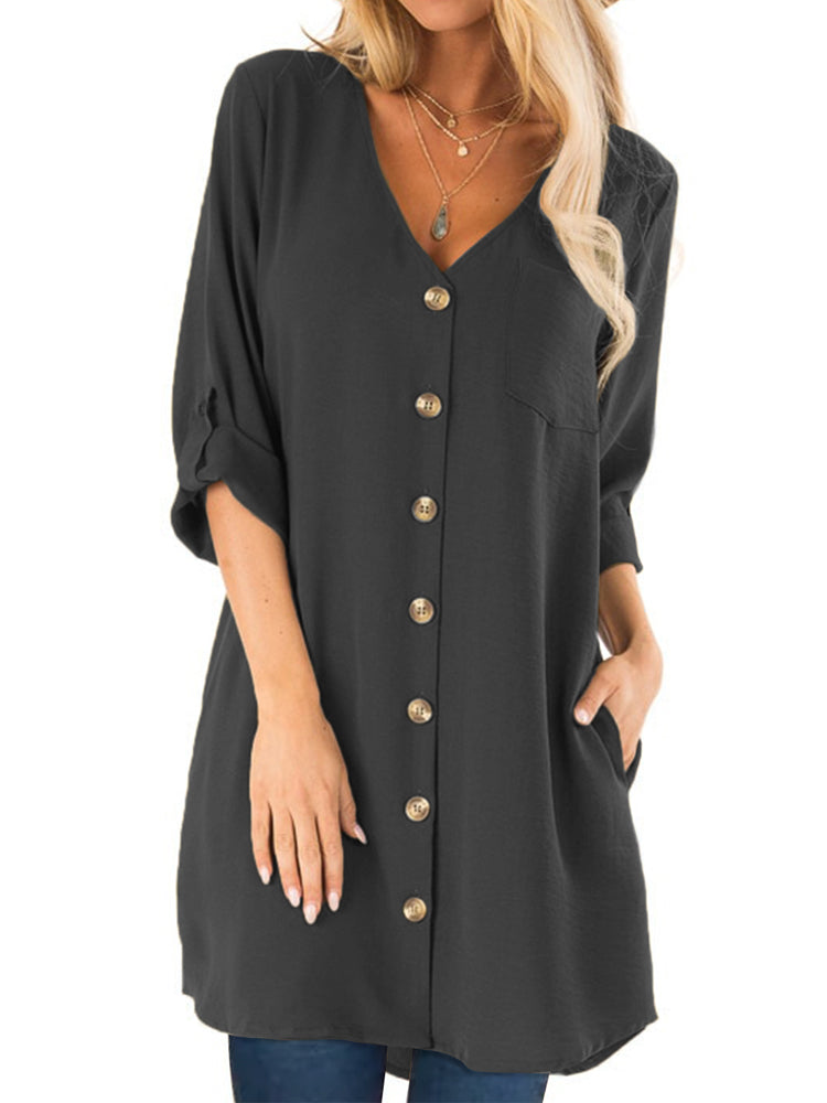 Luvik | Women's Button Pleat V-neck Loose Mini Dress with Pockets