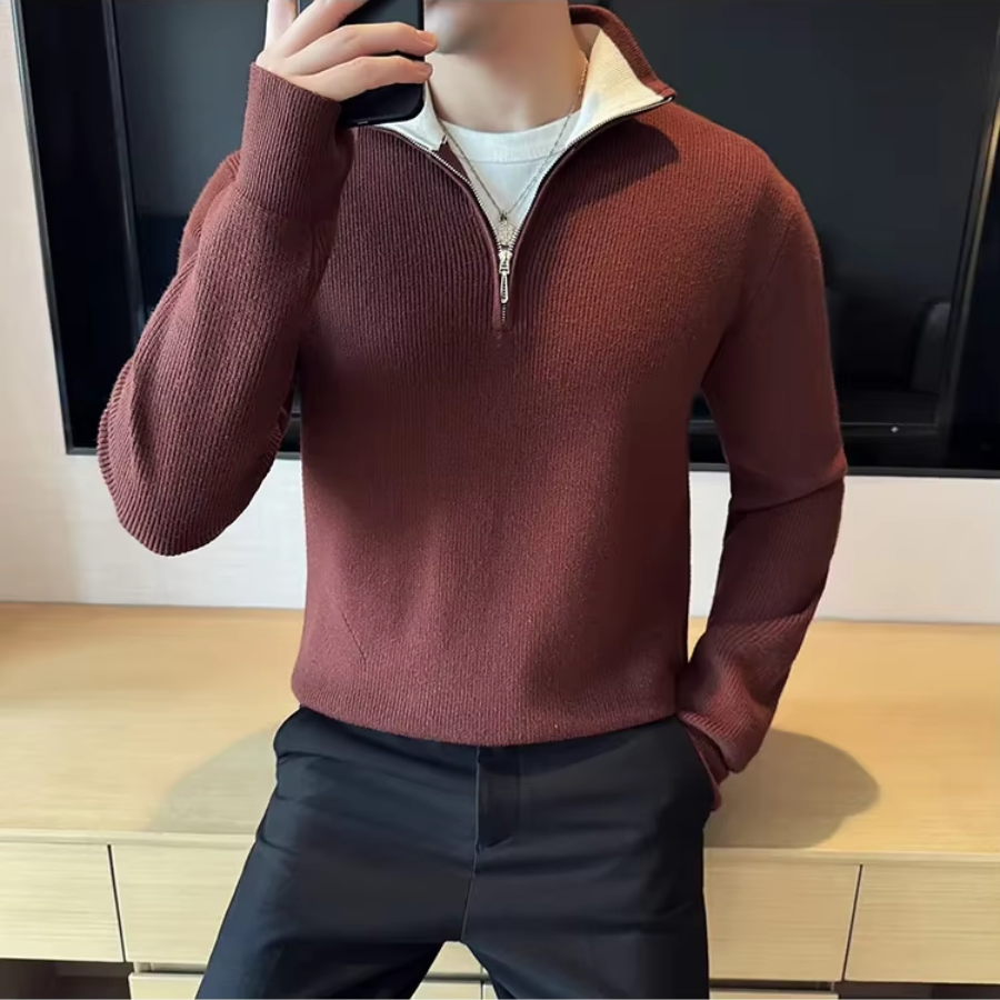 Luvik | Vetoketjullinen Miesten Neule, Ribattua Slim Fit Muotoilu