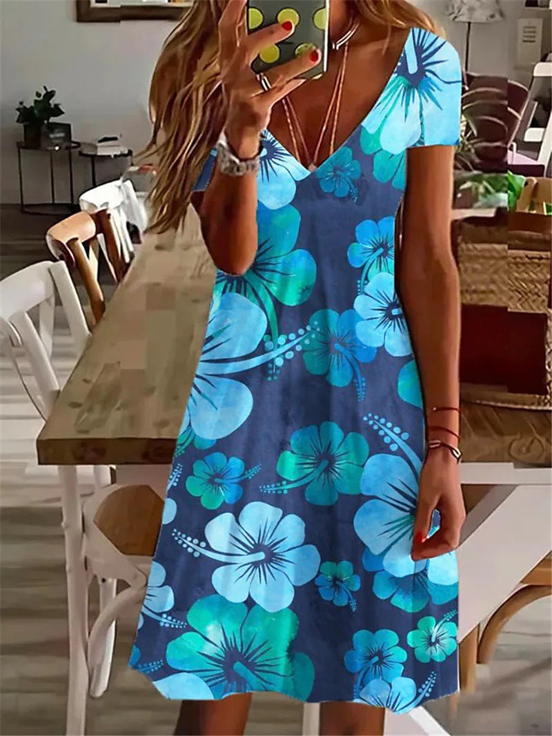 Luvik | Plus Size Naisten V-kaula-aukko Loma Styles Printattu Mekko