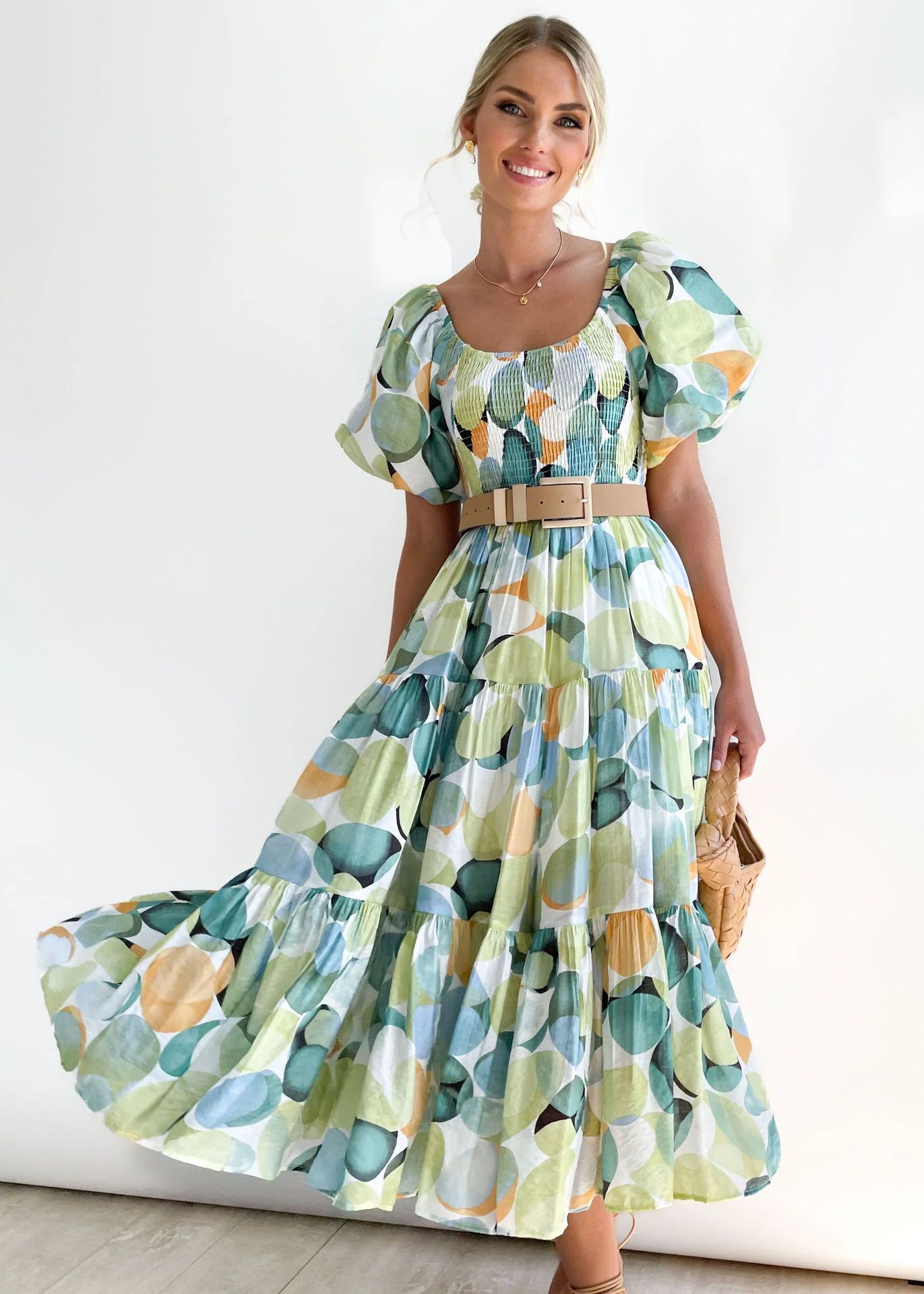 Luvik | Naisten Loma Korkea Vyötärö Off-Shoulder Painatus Mekko Kuplahihalla