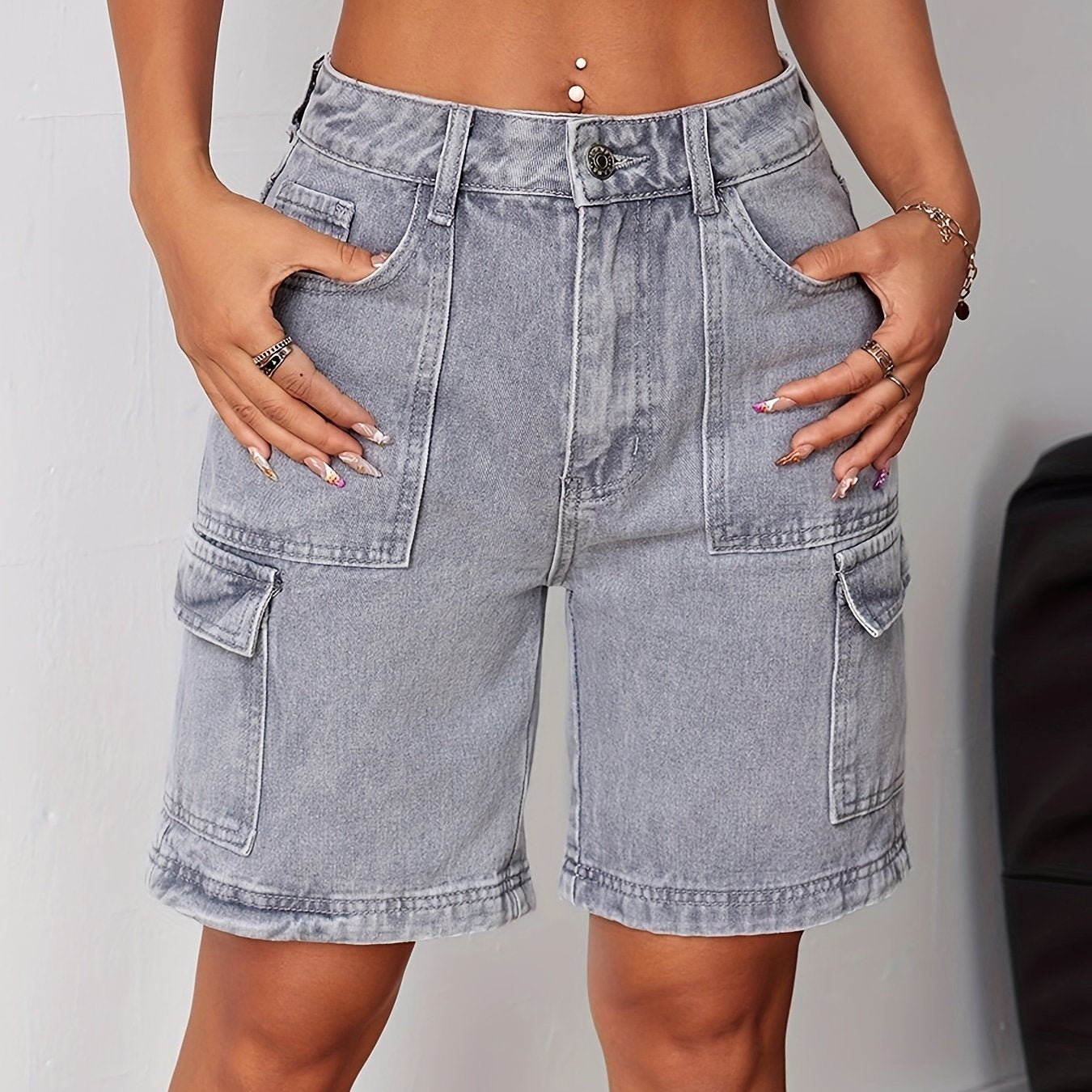 Luvik | Tyylikkäät Harmaat Denim Cargo-shortsit Korkealla Vyötäröllä