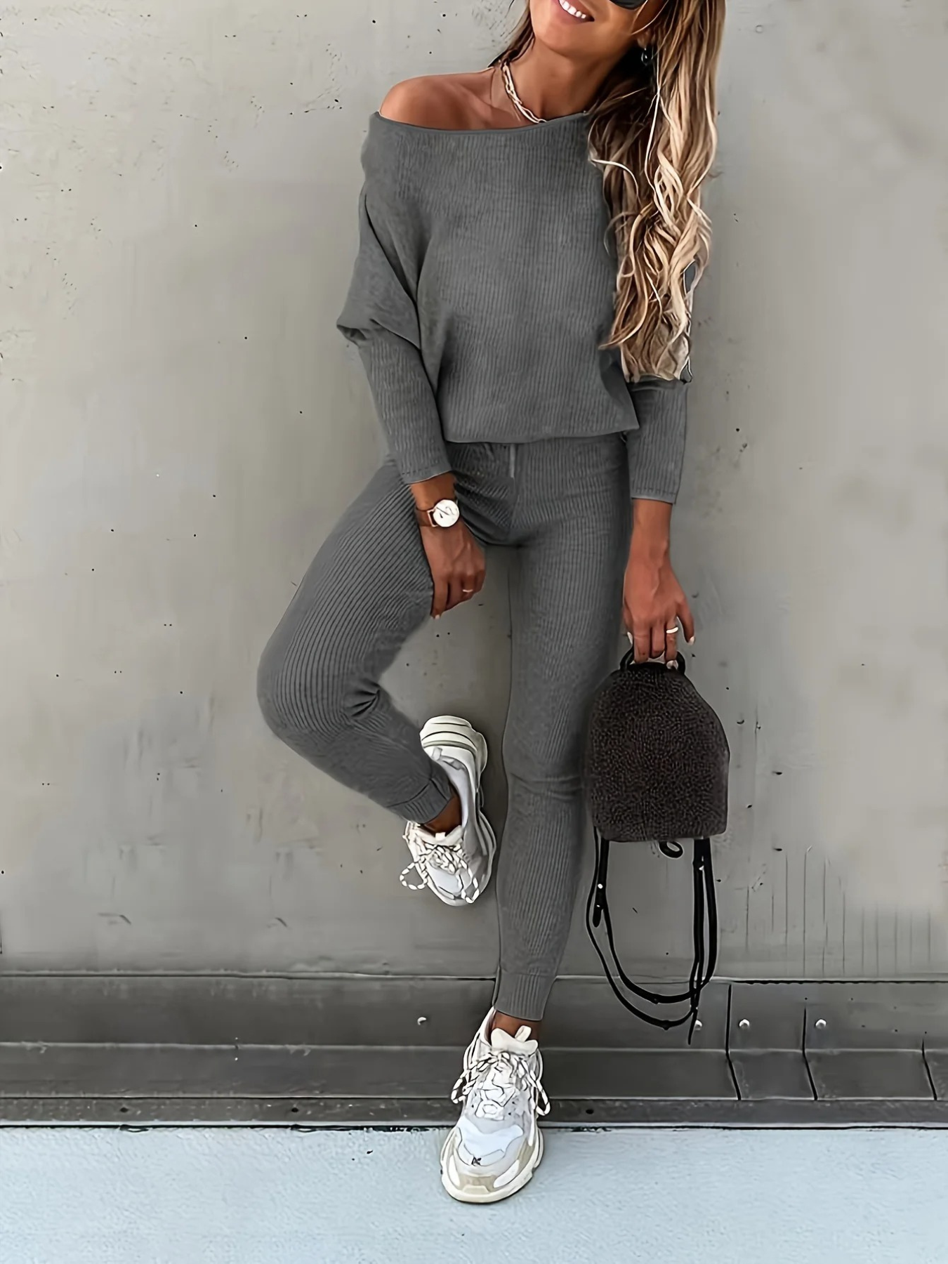 Luvik | Naisten Kotiasu Tyylikäs Off Shoulder Paita Ja Leggings Sarja
