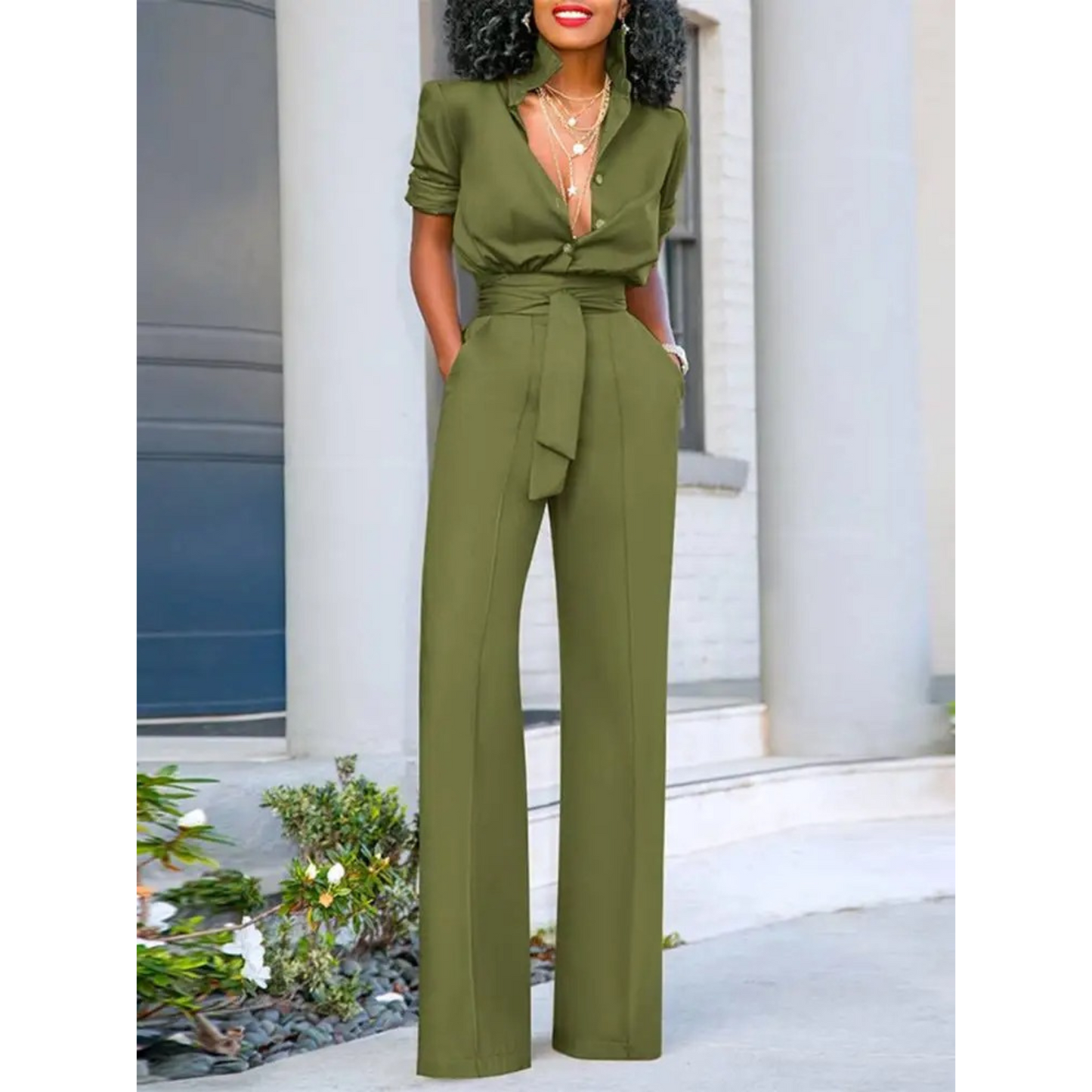 Luvik | Vihreä Yksinkertainen Käänteinen Kauluspaita Lataus Housut Jumpsuit
