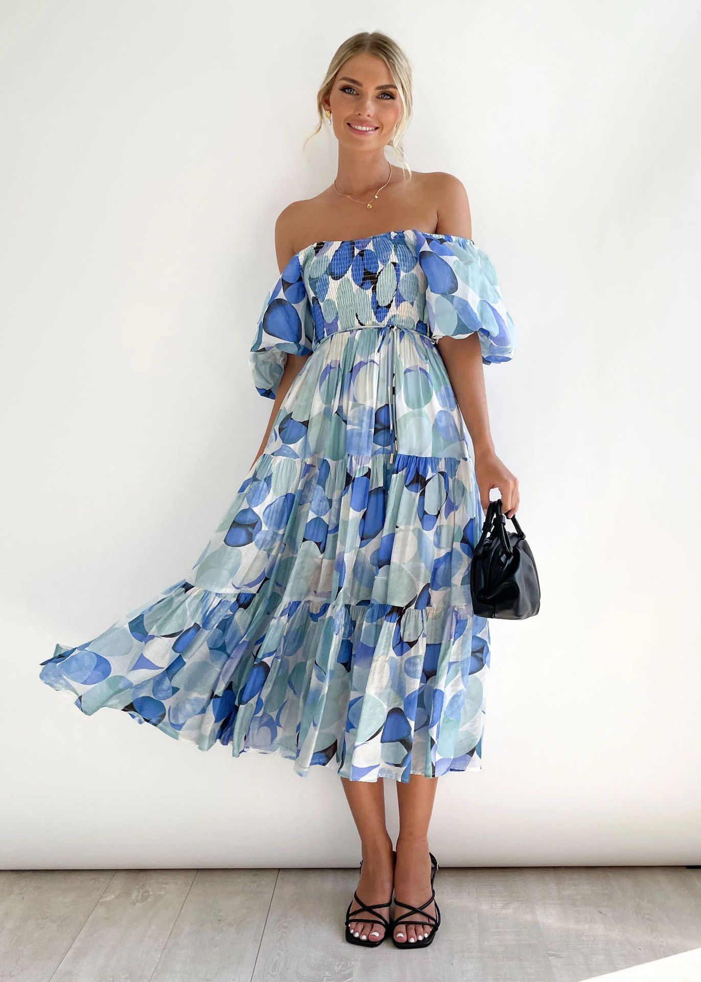Luvik | Naisten Loma Korkea Vyötärö Off-Shoulder Painatus Mekko Kuplahihalla