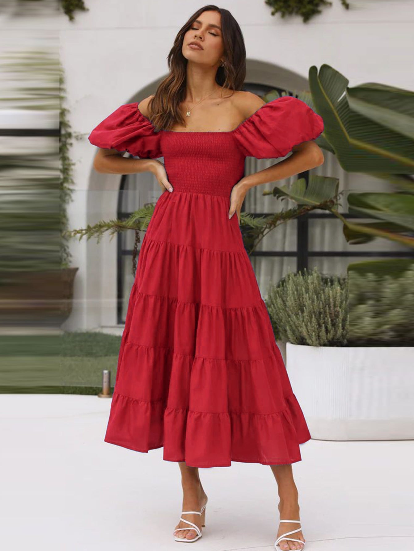 Luvik | Naisten Loma Korkea Vyötärö Off-Shoulder Painatus Mekko Kuplahihalla