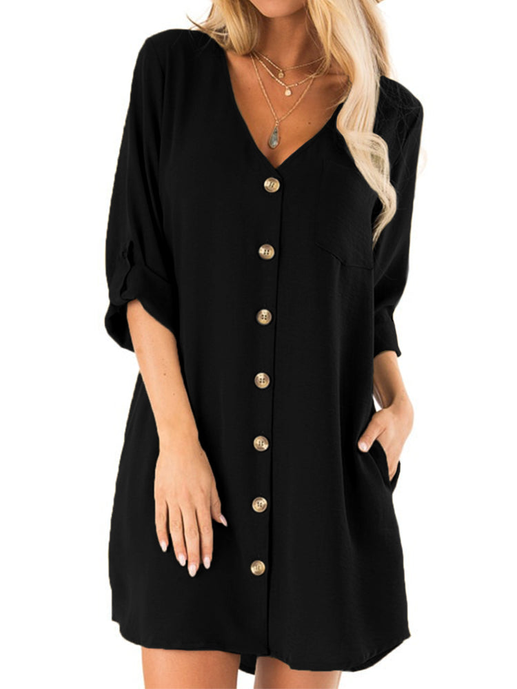 Luvik | Women's Button Pleat V-neck Loose Mini Dress with Pockets