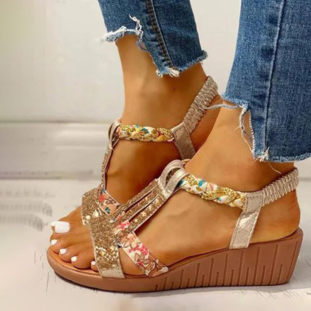 Luvik | Elegant Sandals with Cork Sole and Strass Details for Women