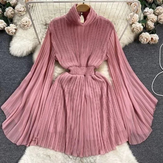 Luvik | Pleated bell sleeve turtleneck dress