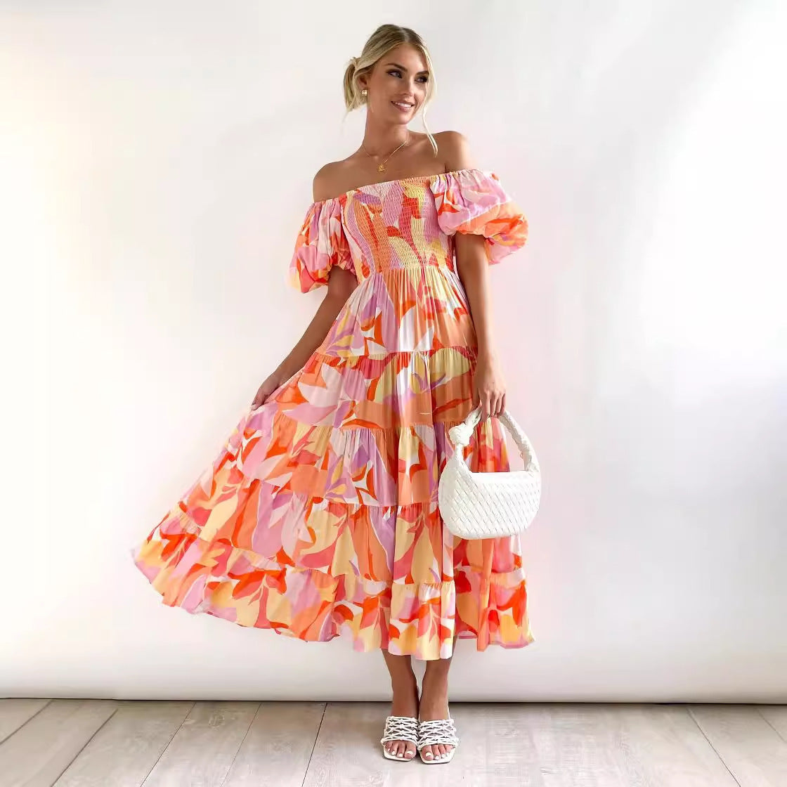 Luvik | Naisten Loma Korkea Vyötärö Off-Shoulder Painatus Mekko Kuplahihalla