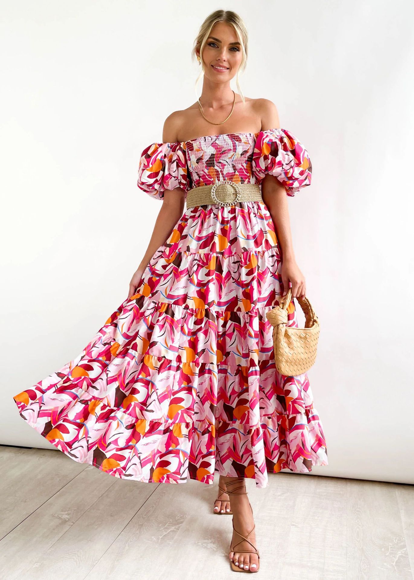 Luvik | Naisten Loma Korkea Vyötärö Off-Shoulder Painatus Mekko Kuplahihalla