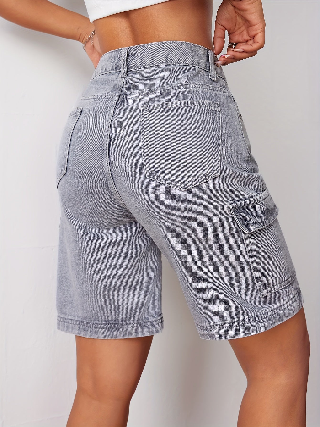 Luvik | Tyylikkäät Harmaat Denim Cargo-shortsit Korkealla Vyötäröllä
