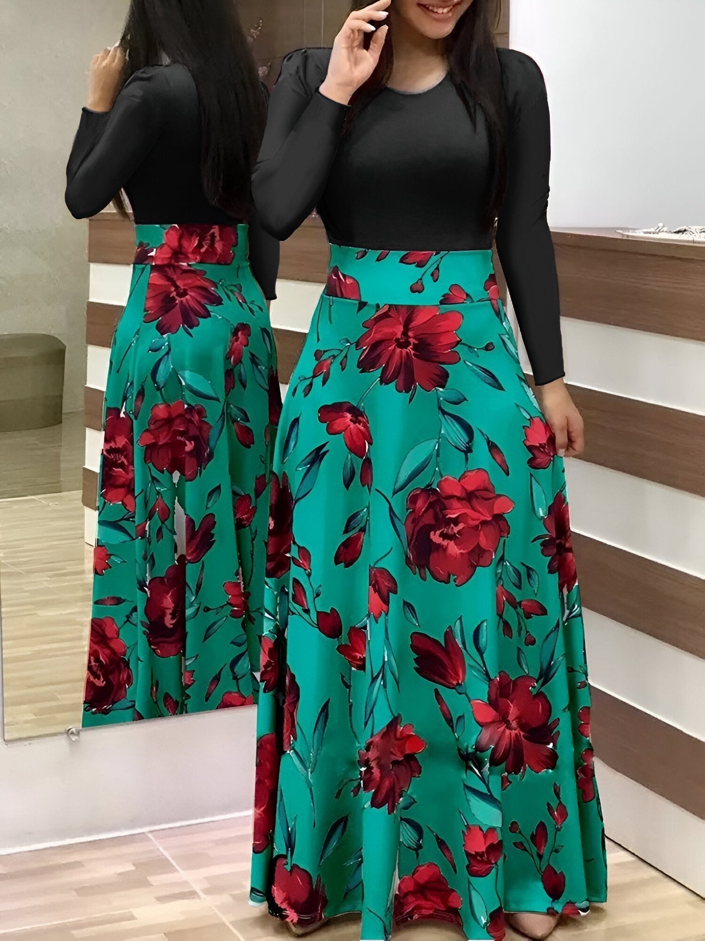Luvik | Elegant Flower Dress Color Block