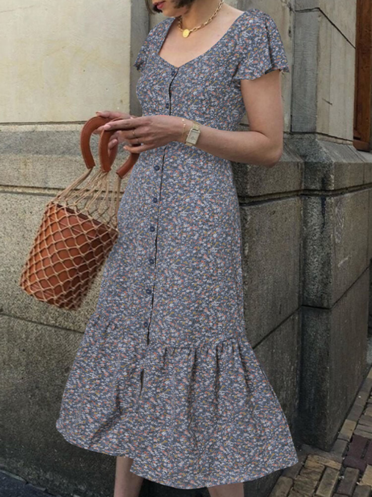 Luvik | Elegant European Style Ruffled Floral Casual Knit Women Midi Dress