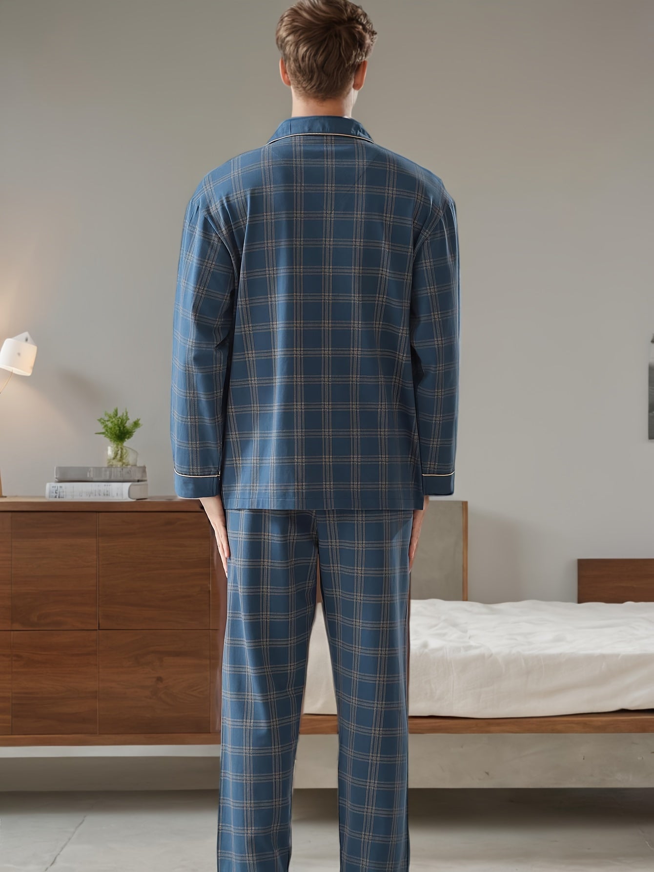 Luvik | Kuviollinen Miesten Pyjama Setti Käänteellä Ja Pitkillä Hihoilla