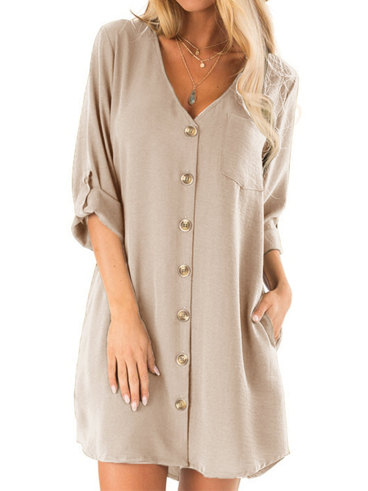 Luvik | Women's Button Pleat V-neck Loose Mini Dress with Pockets
