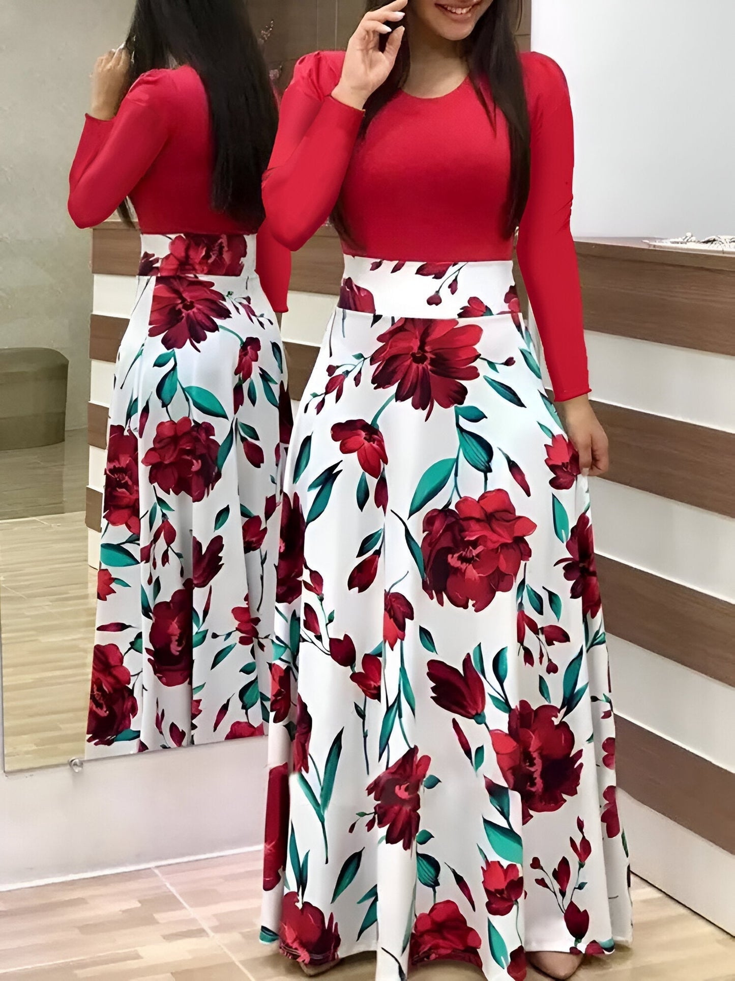 Luvik | Elegant Flower Dress Color Block