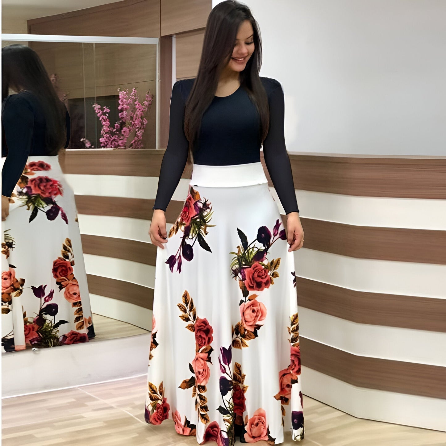 Luvik | Elegant Flower Dress Color Block