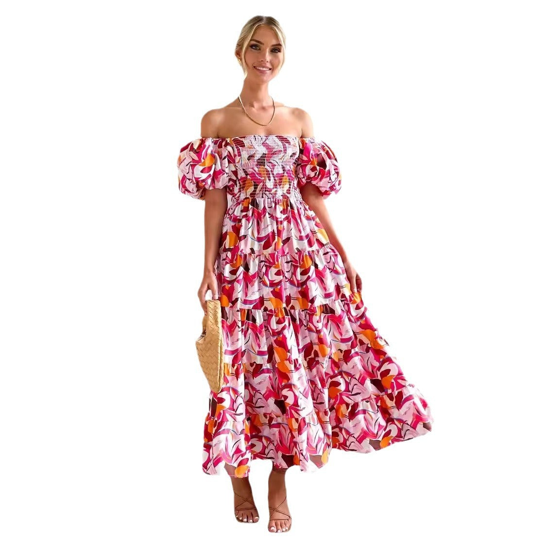 Luvik | Naisten Loma Korkea Vyötärö Off-Shoulder Painatus Mekko Kuplahihalla