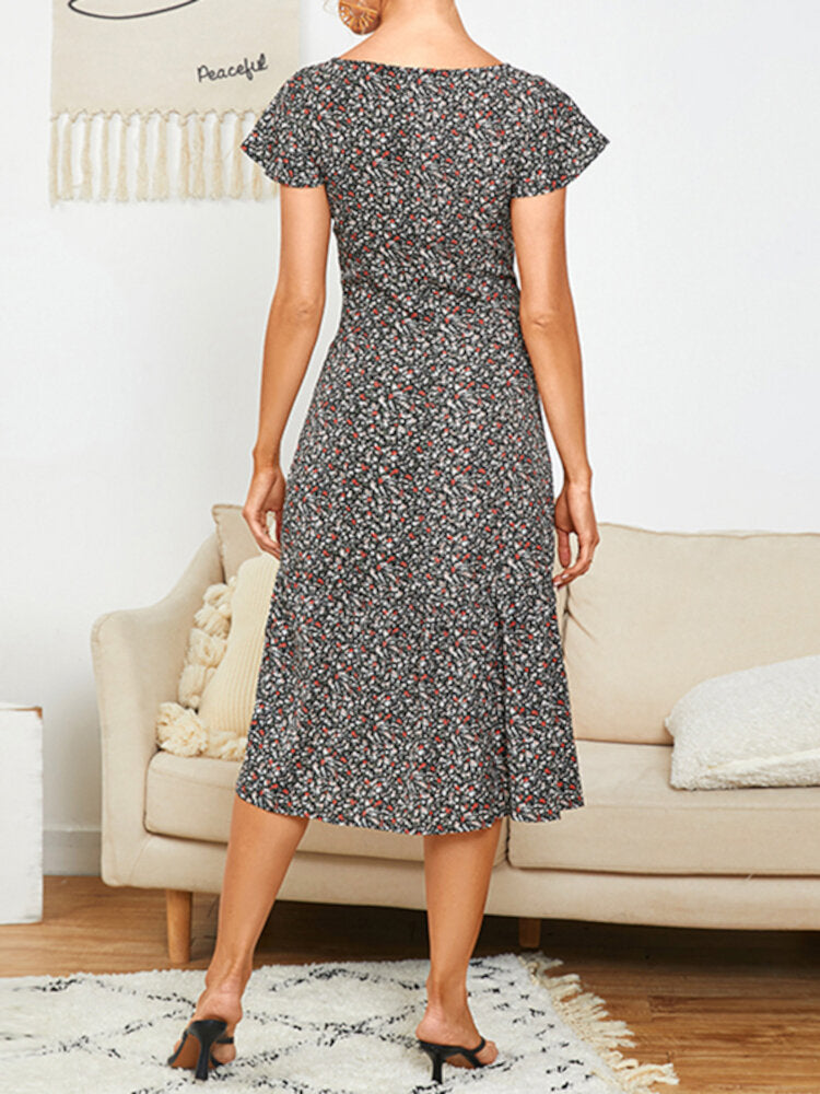 Luvik | Elegant European Style Ruffled Floral Casual Knit Women Midi Dress