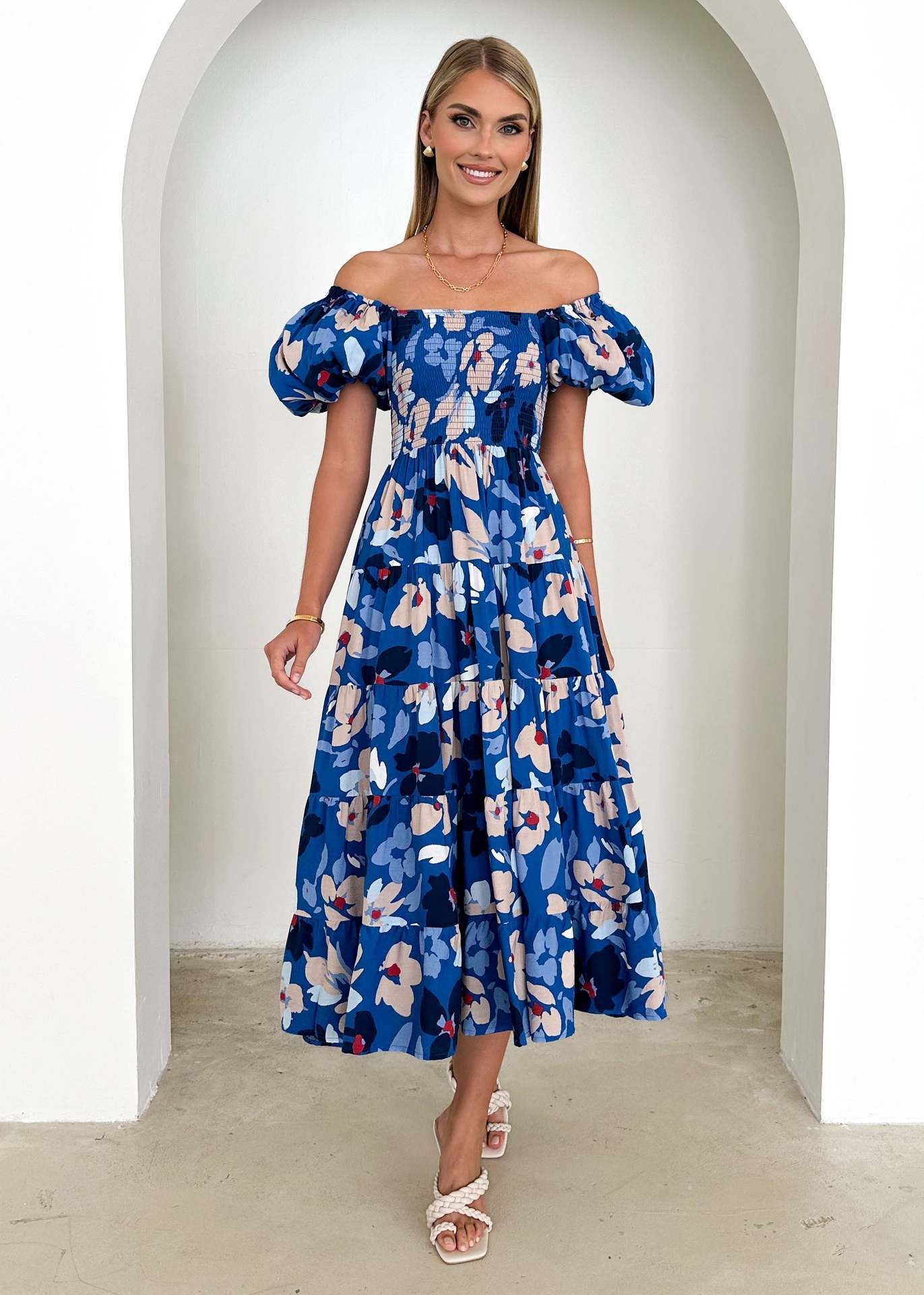 Luvik | Naisten Loma Korkea Vyötärö Off-Shoulder Painatus Mekko Kuplahihalla