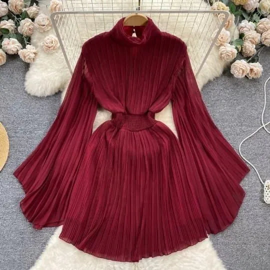 Luvik | Pleated bell sleeve turtleneck dress