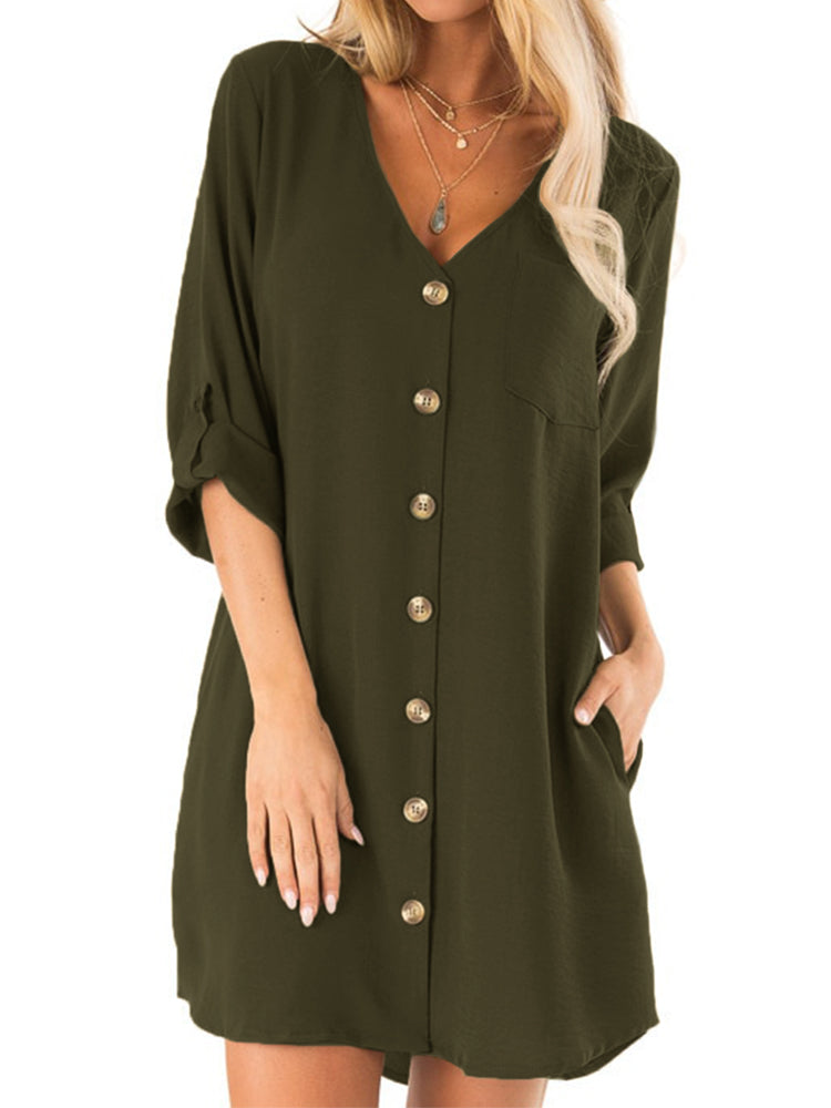 Luvik | Women's Button Pleat V-neck Loose Mini Dress with Pockets