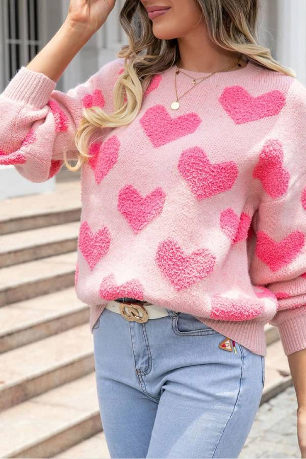 Luvik | Neule Saint Valentin I Jacquard Neulottu Materiaali Vaaleanpunaisilla Sydämillä