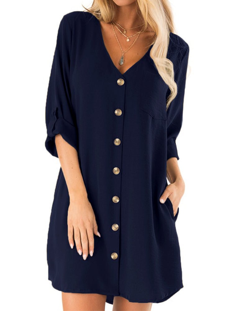 Luvik | Women's Button Pleat V-neck Loose Mini Dress with Pockets