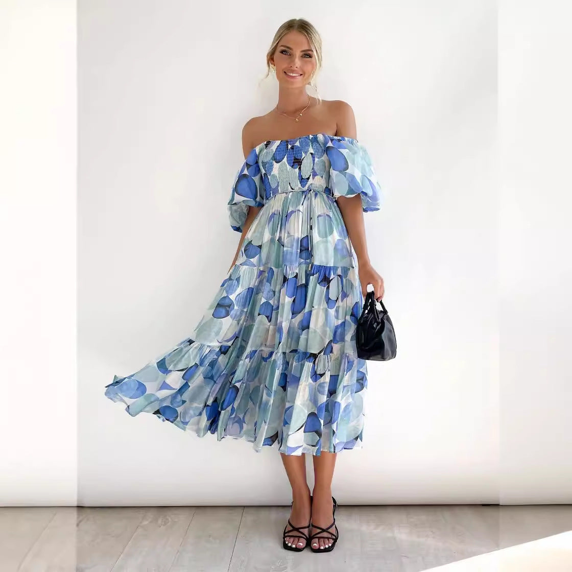 Luvik | Naisten Loma Korkea Vyötärö Off-Shoulder Painatus Mekko Kuplahihalla