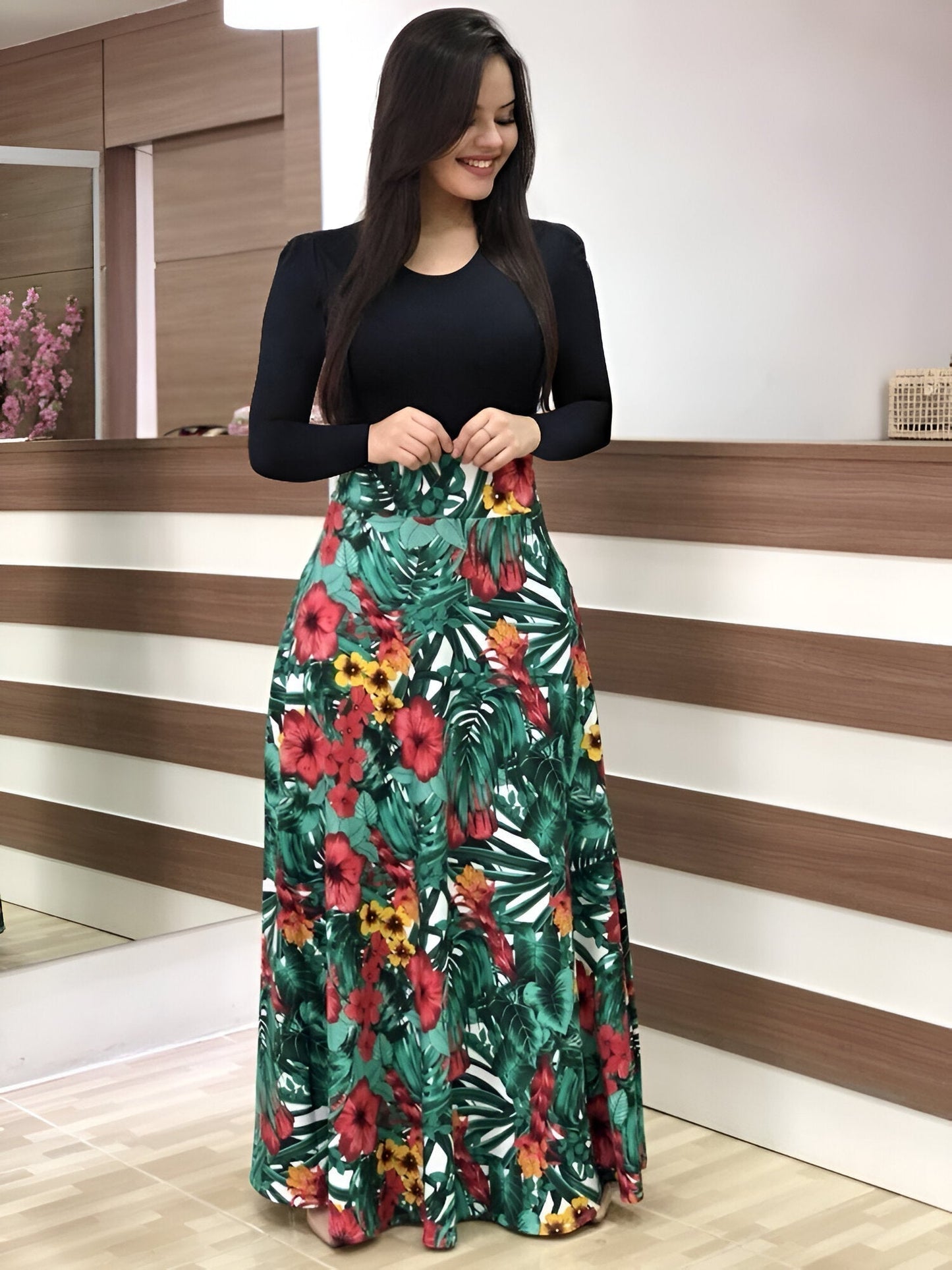 Luvik | Elegant Flower Dress Color Block