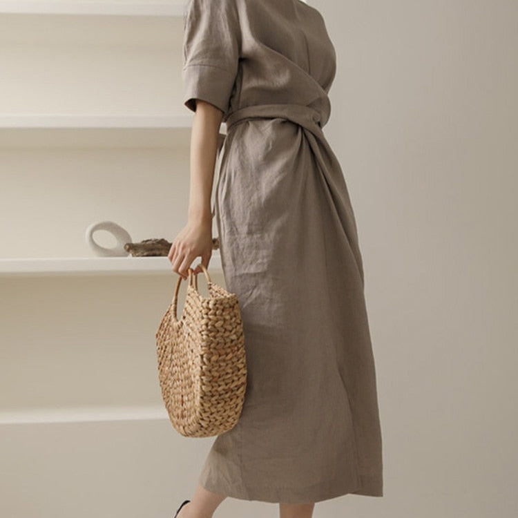 Luvik | Rento Pleated Long Dress With Round Neckline And Loose Cut Half Sleeves