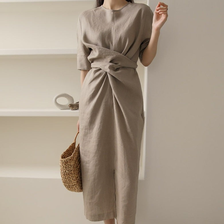 Luvik | Rento Pleated Long Dress With Round Neckline And Loose Cut Half Sleeves