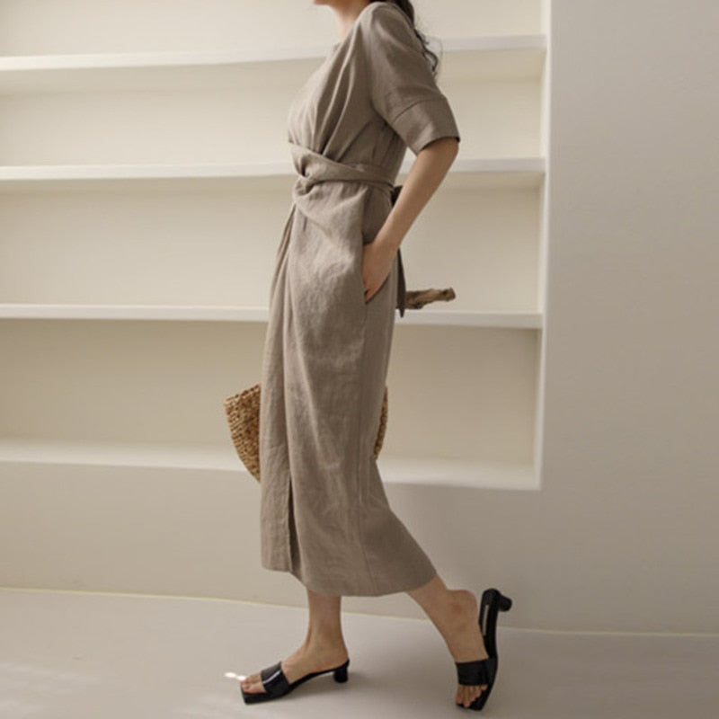 Luvik | Rento Pleated Long Dress With Round Neckline And Loose Cut Half Sleeves