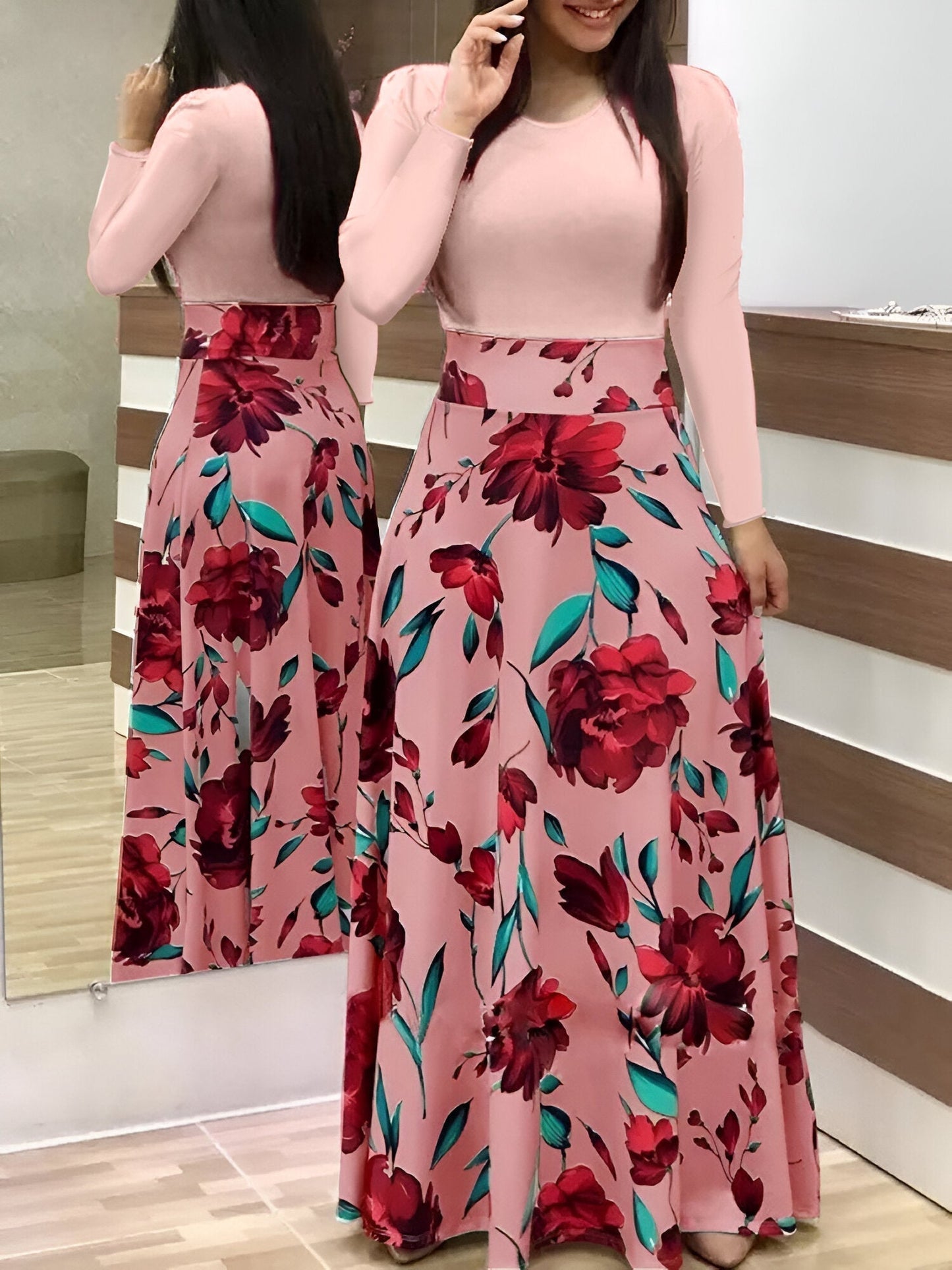 Luvik | Elegant Flower Dress Color Block