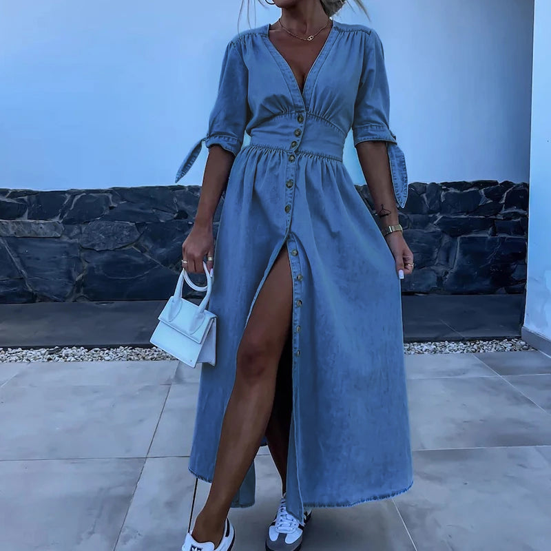 Luvik | Georgia Denim Maxi Halterneck-mekko V-pääntieellä