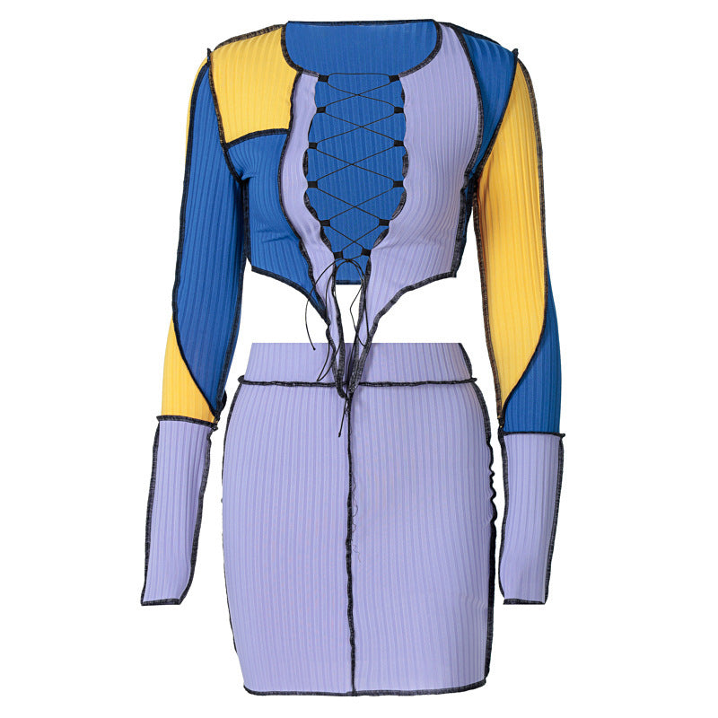 Naisten Crop Top ja Hame Setti hienovaraisella nyöritysdetaljilla Luvik