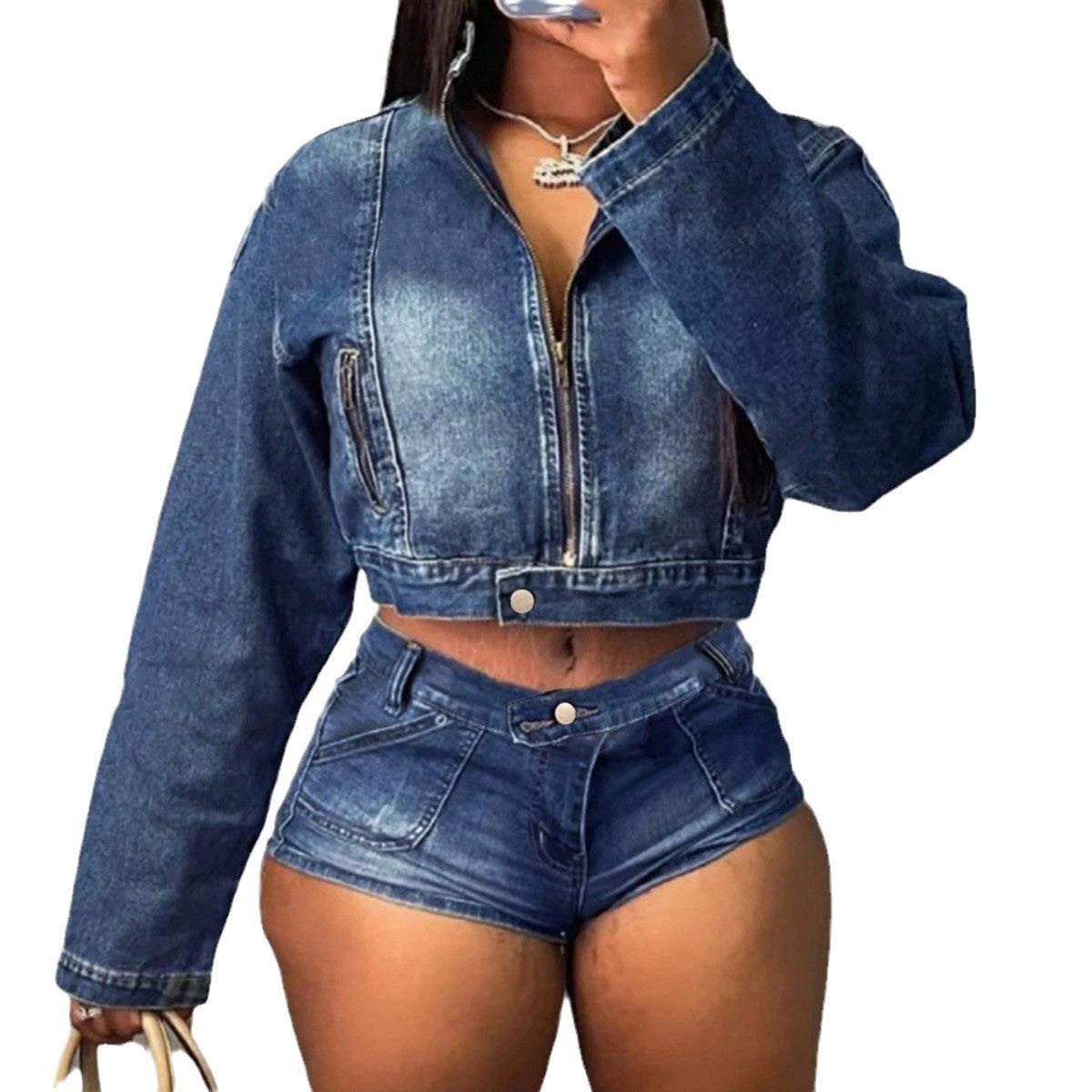 Naisten Denim Crop Takki korkeavyötäröisten shortsien kanssa Luvik
