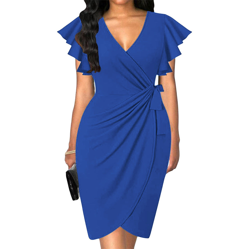 Luvik | dress with v-neck, tight waist, pleats and bell-shaped hem for women