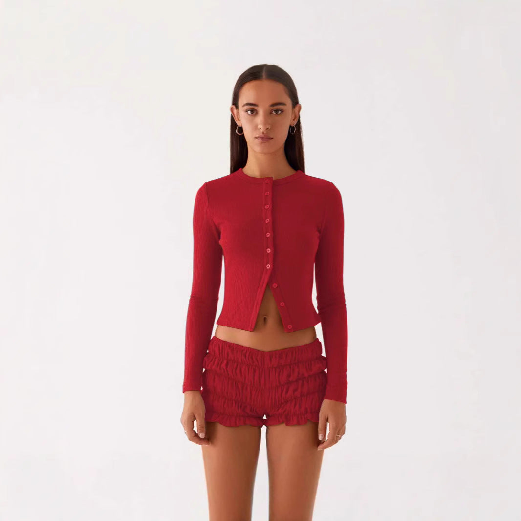 Nainen Rippiraidallinen Pitkähiha Button-Up Top Luvik
