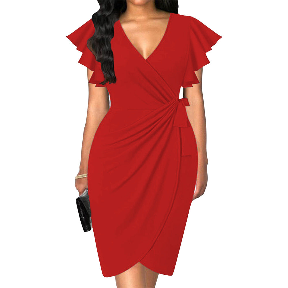 Luvik | dress with v-neck, tight waist, pleats and bell-shaped hem for women