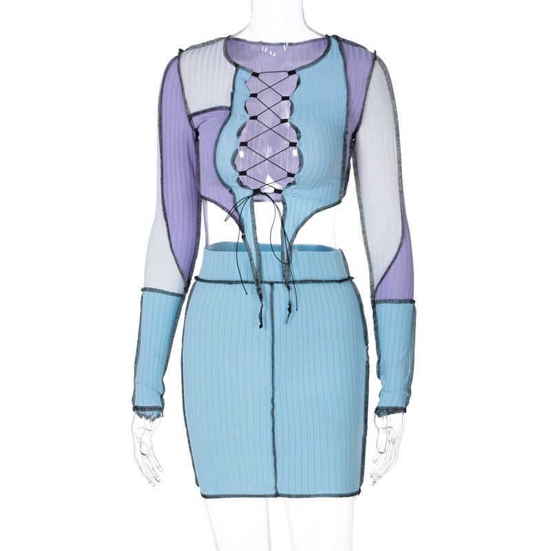 Naisten Crop Top ja Hame Setti hienovaraisella nyöritysdetaljilla Luvik