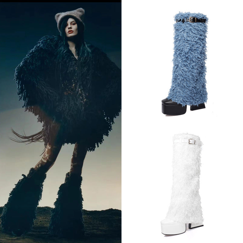 Femme Luxe Fuzzy Yli-polven Stiletto Saappaat Luvik