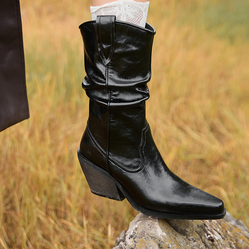 Femme Elegante Rentous Leather Cowboy Boots with Sculpted Heel Luvik