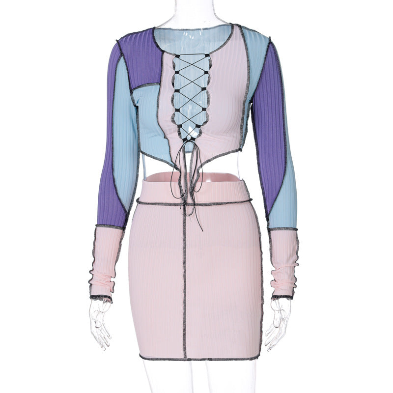 Naisten Crop Top ja Hame Setti hienovaraisella nyöritysdetaljilla Luvik