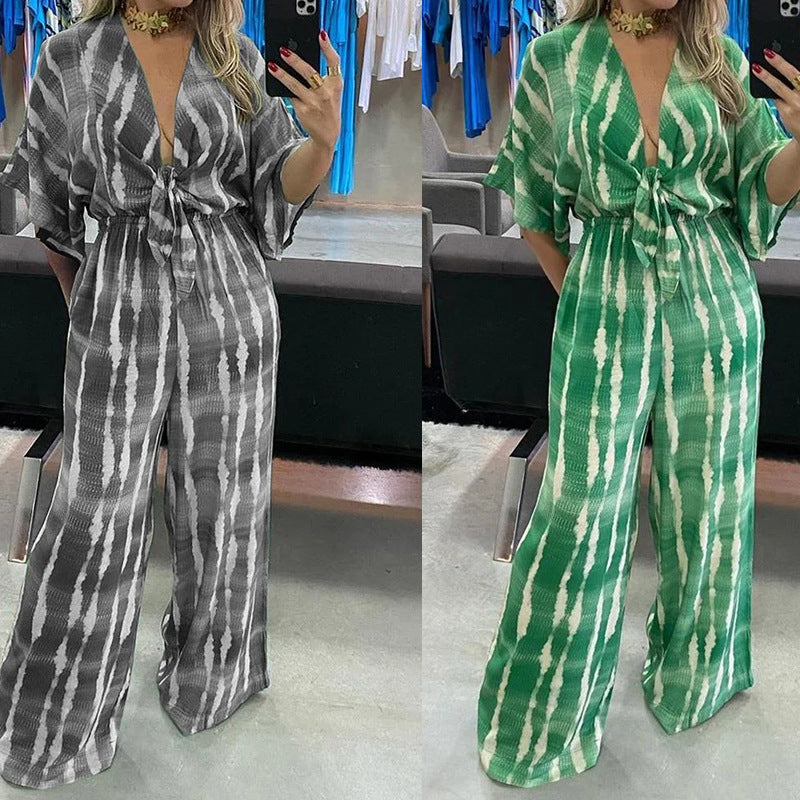 Naisten jumpsuit, jossa on elegantit kimono-hihat ja vyötärölle sidottava vyö Luvik