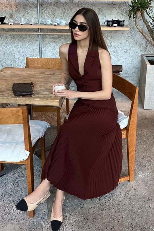 Luvik | Pleated Without Sleeves Skirt Suit