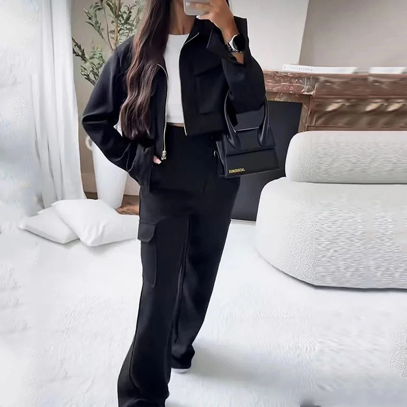 Luvik | Fashion Yksivärinen Vetoketjullinen Lyhyt Takki Kapea Fit Yhdistelmä Puku