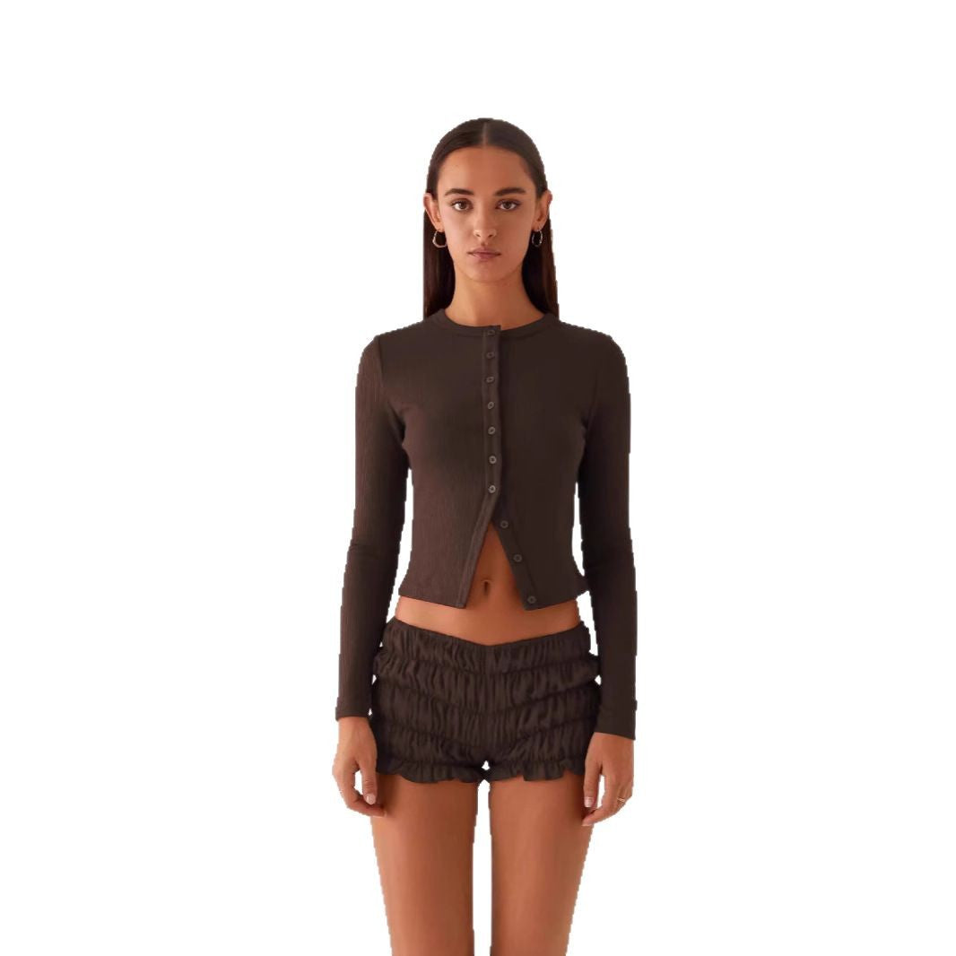 Nainen Rippiraidallinen Pitkähiha Button-Up Top Luvik