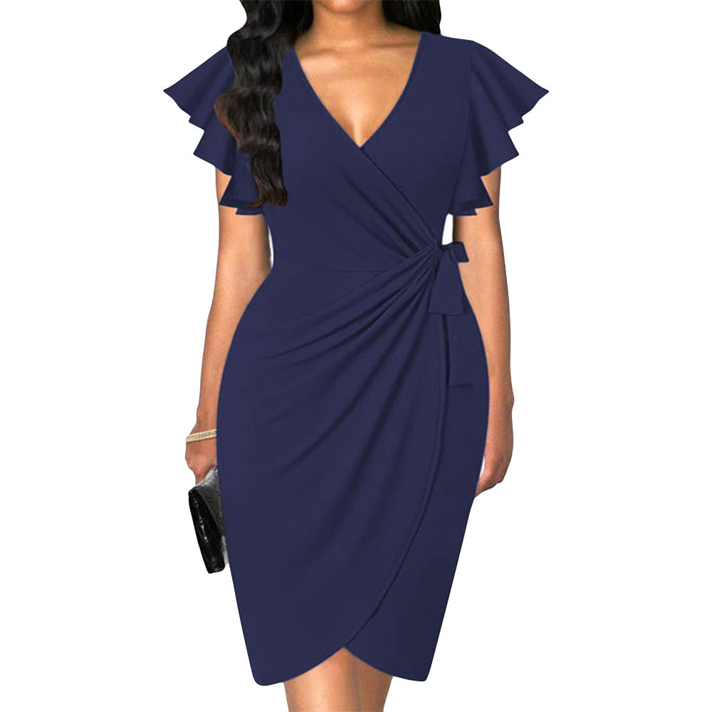 Luvik | dress with v-neck, tight waist, pleats and bell-shaped hem for women