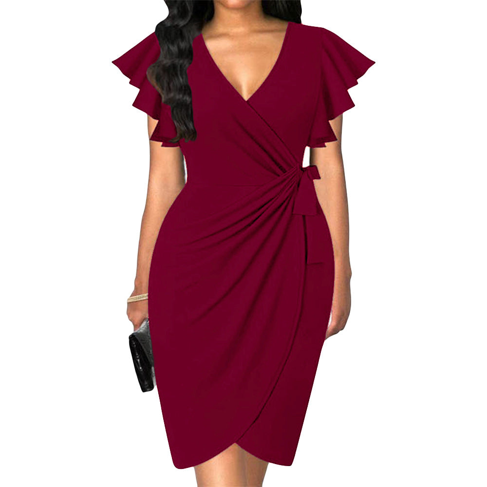 Luvik | dress with v-neck, tight waist, pleats and bell-shaped hem for women